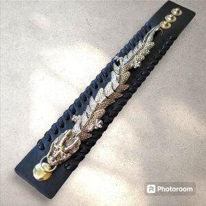 Steel Articulated Dragon & Dark Brown Leather Unisex Bracelet Snap Closure 8.5"